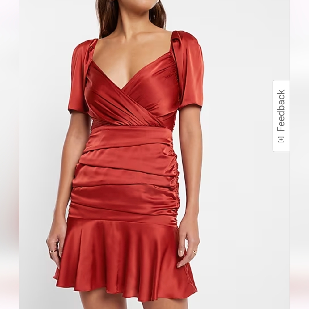 Satin Ruched Mini Dress Red/Orange